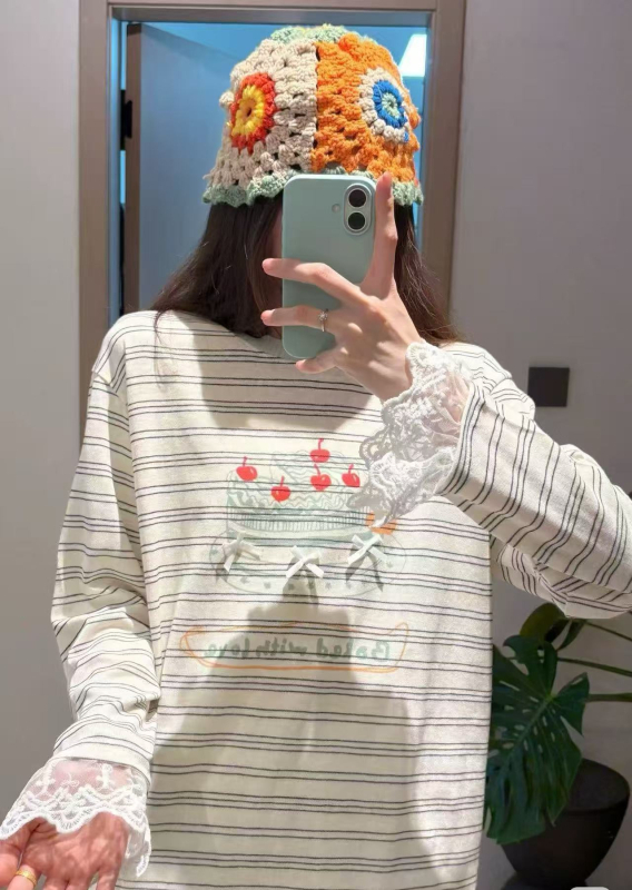 Női pamut T-shirt csipés szegéllyel, 3D masnival és pillangónyomattal, koreai stílusban, 2026 tavasz
