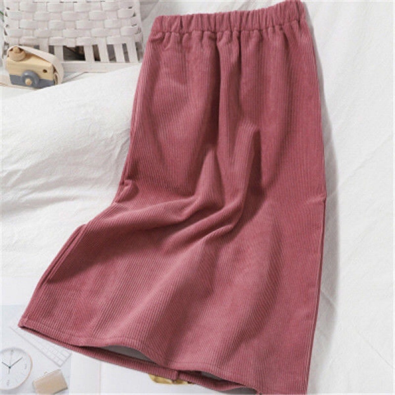 Őszi-téli corduroy midi szoknya fleece-béléssel, hátsó hasítékkal, testhez álló fazon