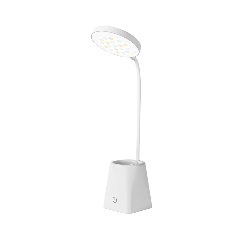 LED настолна лампа с кръгла глава, държач за моливи и гъвкава тръба – за общежитие, нощно светло до леглото и лампа за четене