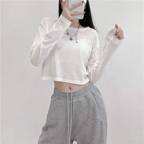 Fehér ice silk cropped UV-védett felső hosszú ujjú, kerek nyakú, könnyű nyári top