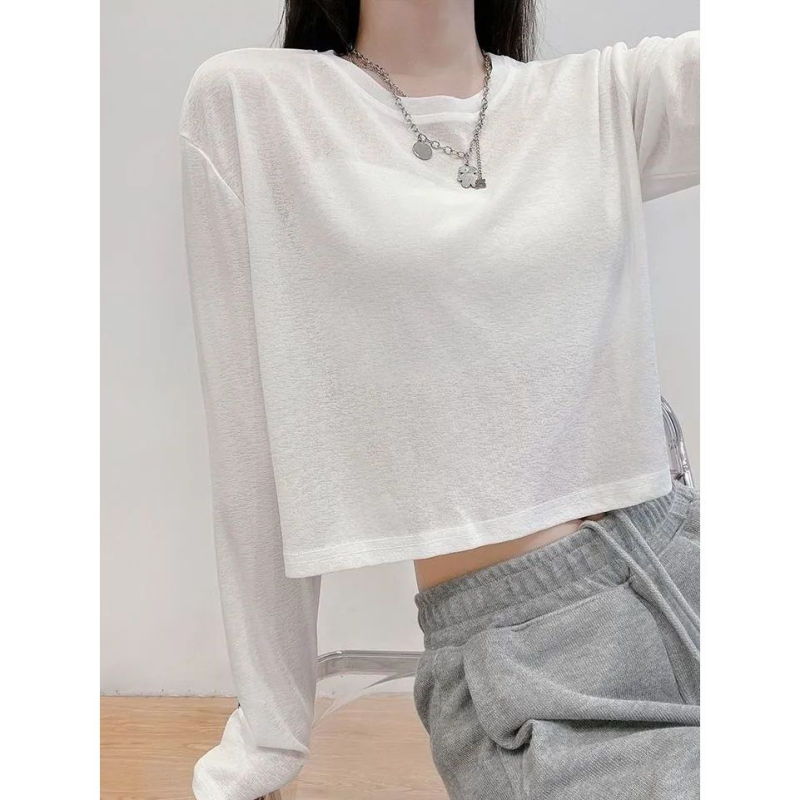 Fehér ice silk cropped UV-védett felső hosszú ujjú, kerek nyakú, könnyű nyári top