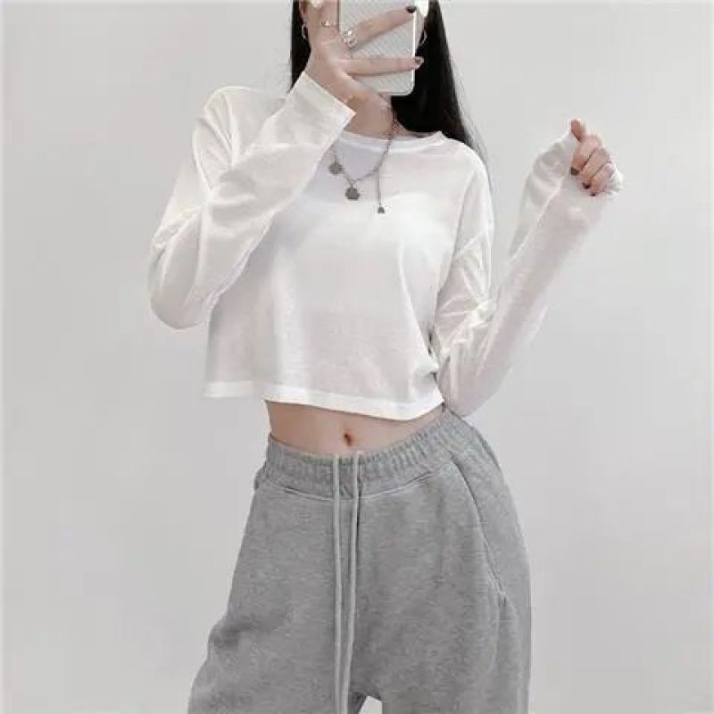 Fehér ice silk cropped UV-védett felső hosszú ujjú, kerek nyakú, könnyű nyári top