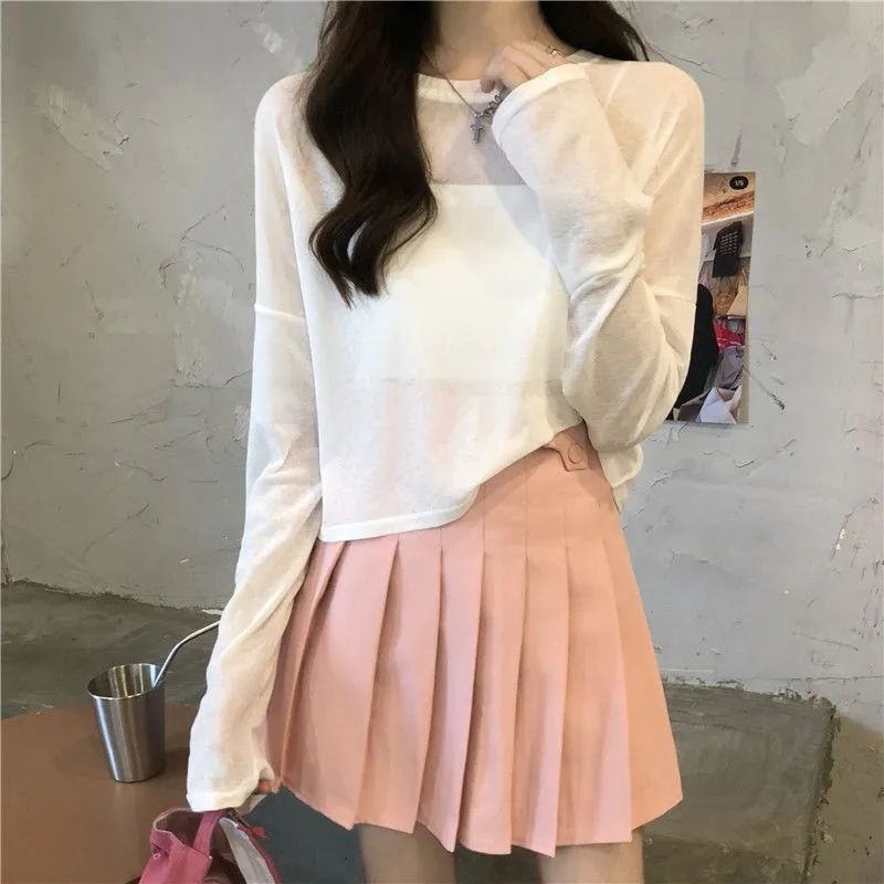 Fehér ice silk cropped UV-védett felső hosszú ujjú, kerek nyakú, könnyű nyári top