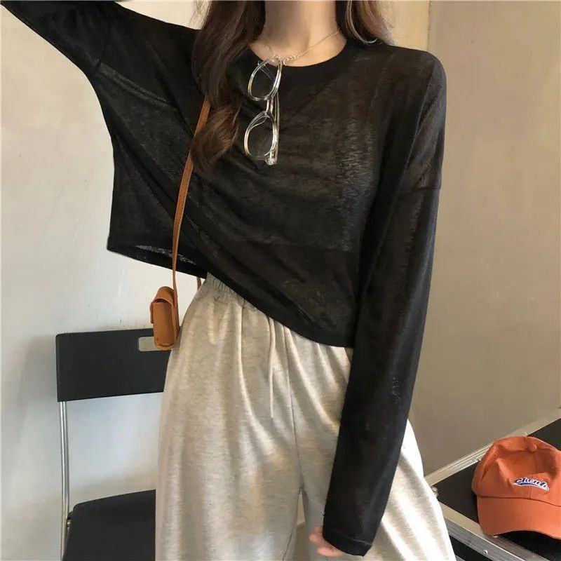 Fehér ice silk cropped UV-védett felső hosszú ujjú, kerek nyakú, könnyű nyári top