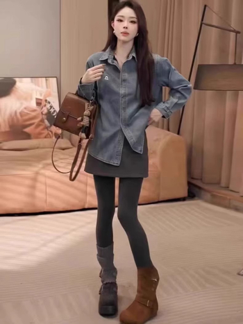 Női fleece-denim ing, retro kék nyuszihímzéssel, hongkong-stílusú, 2026-os modell