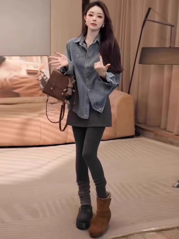 Női fleece-denim ing, retro kék nyuszihímzéssel, hongkong-stílusú, 2026-os modell