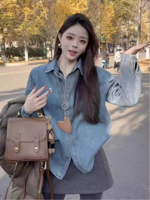Női fleece-denim ing, retro kék nyuszihímzéssel, hongkong-stílusú, 2026-os modell