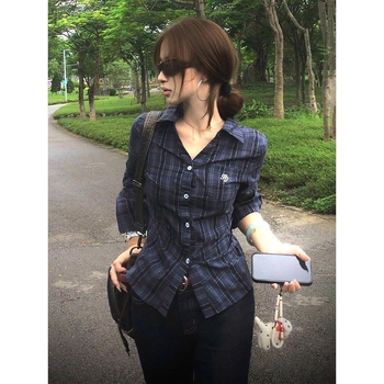 Koreai stílusú, kockás nőiing, karcsúsított derékvonal, tavasz, slim-fit, hosszú ujjú, galléros