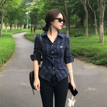 Koreai stílusú, kockás nőiing, karcsúsított derékvonal, tavasz, slim-fit, hosszú ujjú, galléros