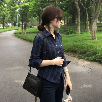 Koreai stílusú, kockás nőiing, karcsúsított derékvonal, tavasz, slim-fit, hosszú ujjú, galléros