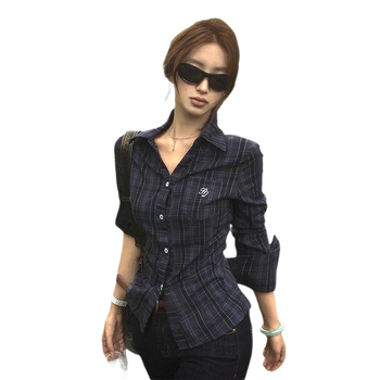 Koreai stílusú, kockás nőiing, karcsúsított derékvonal, tavasz, slim-fit, hosszú ujjú, galléros