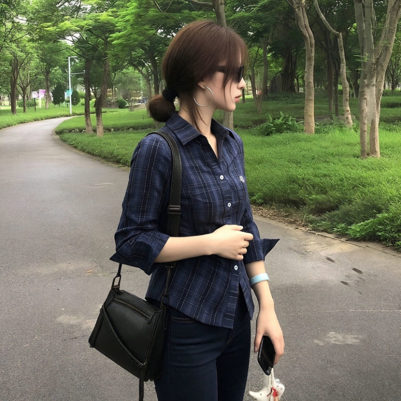Koreai stílusú, kockás nőiing, karcsúsított derékvonal, tavasz, slim-fit, hosszú ujjú, galléros