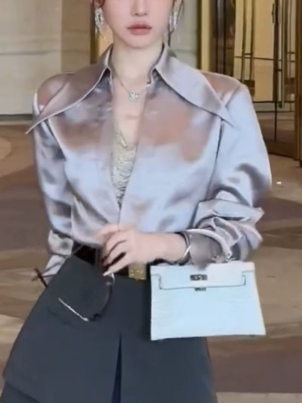 Női francia stílusú V-nyakú szatén ing, őszi elegáns hosszú ujjú blúz nagy hegyes gallérral