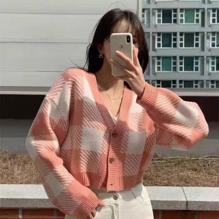 Koreai stílusú őszi-téli színblokkos kockás kötött kardigán nőknek, új modell, laza, elegáns felső