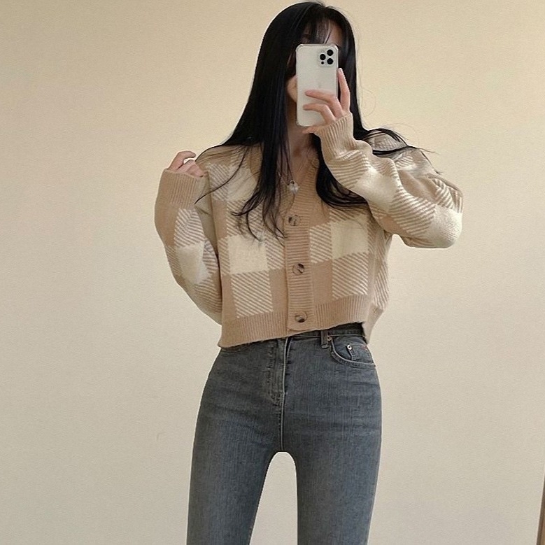 Koreai stílusú őszi-téli színblokkos kockás kötött kardigán nőknek, új modell, laza, elegáns felső
