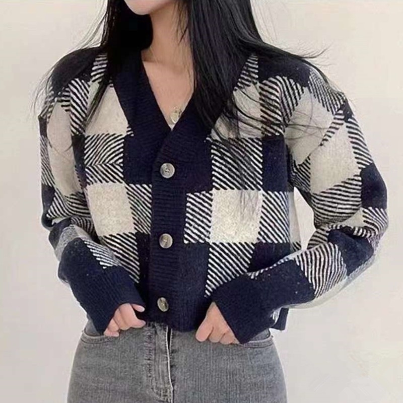 Koreai stílusú őszi-téli színblokkos kockás kötött kardigán nőknek, új modell, laza, elegáns felső