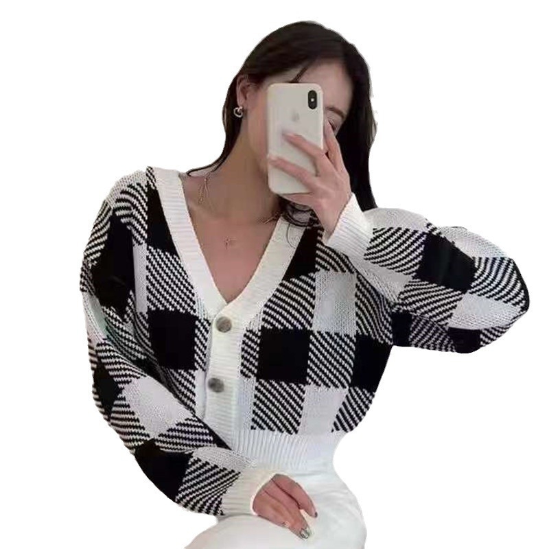 Koreai stílusú őszi-téli színblokkos kockás kötött kardigán nőknek, új modell, laza, elegáns felső