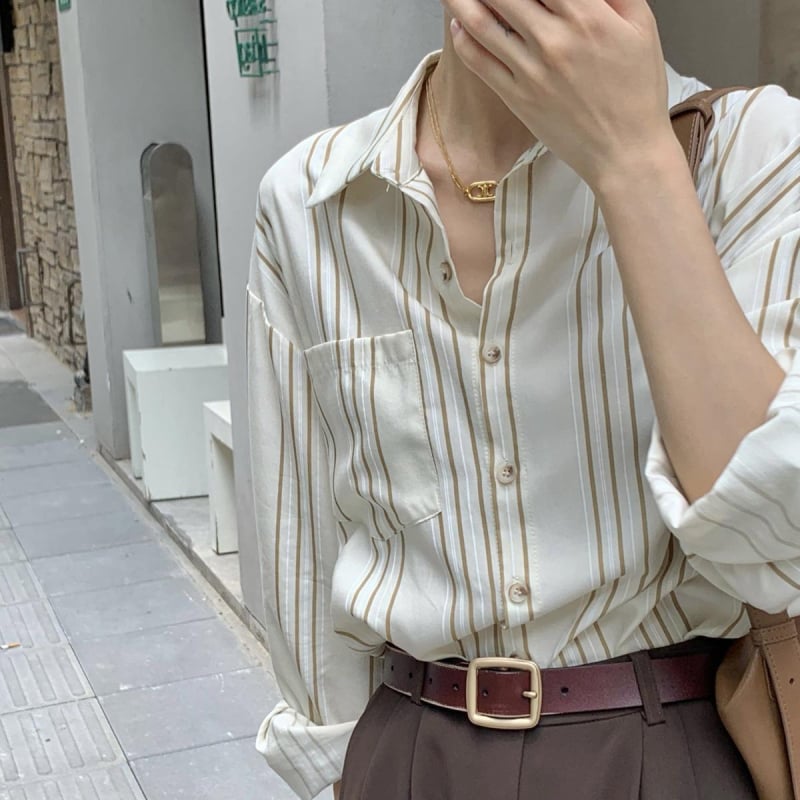 Női csíkos ing brit stílusban, hosszú ujjú, casual retro hongkong-stílusú