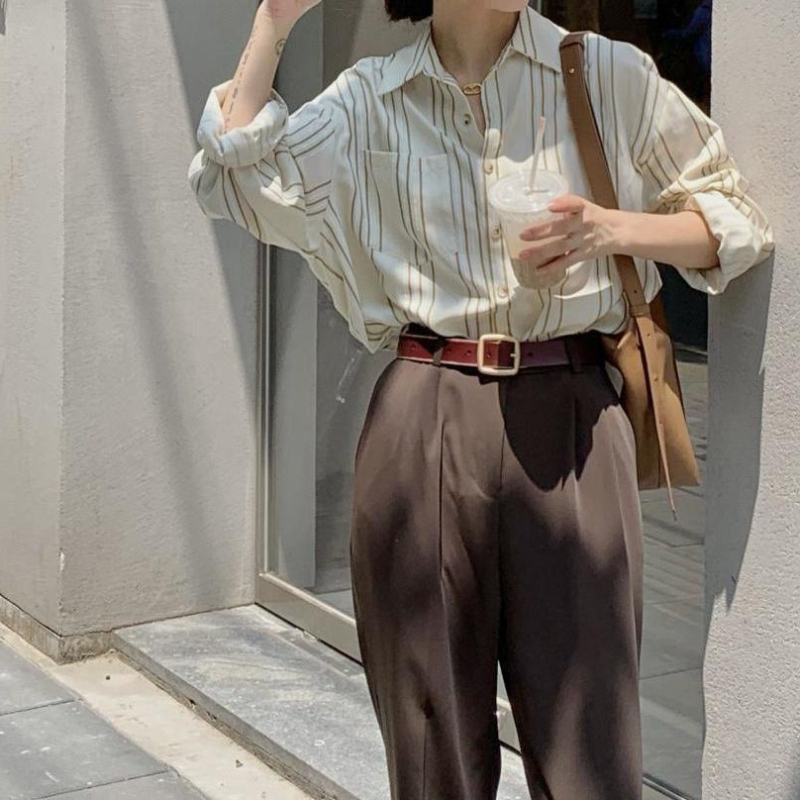 Női csíkos ing brit stílusban, hosszú ujjú, casual retro hongkong-stílusú