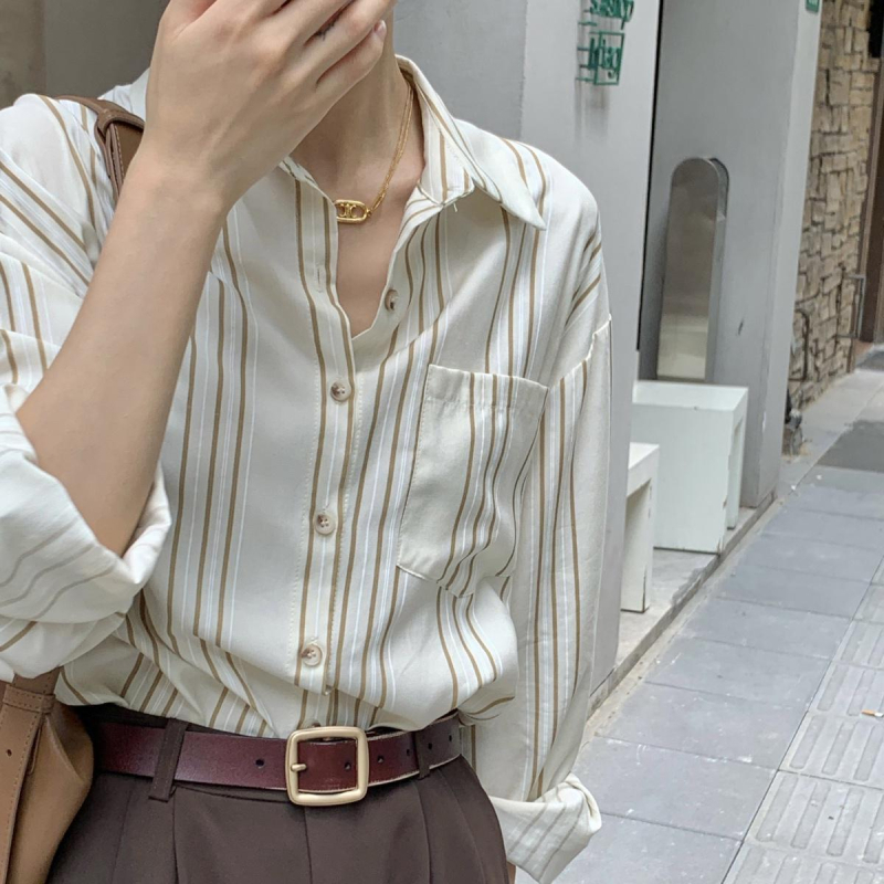 Női csíkos ing brit stílusban, hosszú ujjú, casual retro hongkong-stílusú