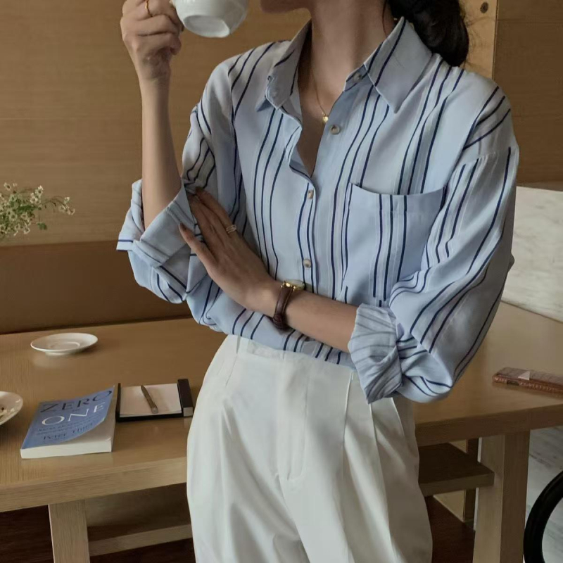 Női csíkos ing brit stílusban, hosszú ujjú, casual retro hongkong-stílusú