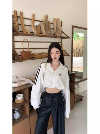 Női polo galléros félcipzáras rövid felső kardigán hosszú ujjú, szöveges mintázat, 2024 tél