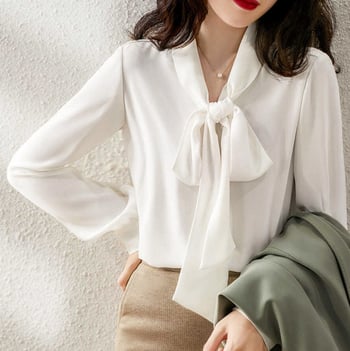 Francia stílusú chiffon hosszú ujjú blúz nőknek masnis kötővel, elegáns irodai felső V-nyakkal