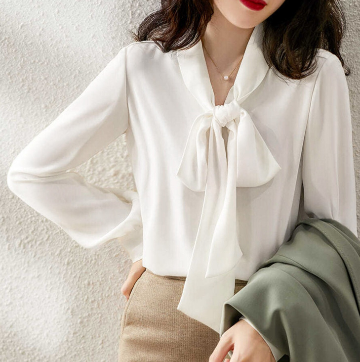 Francia stílusú chiffon hosszú ujjú blúz nőknek masnis kötővel, elegáns irodai felső V-nyakkal