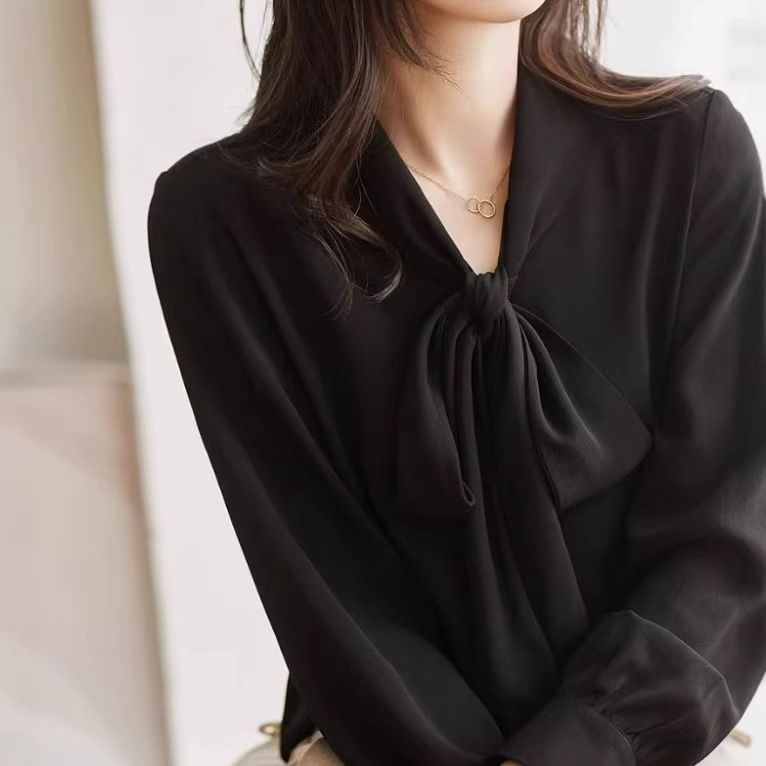Francia stílusú chiffon hosszú ujjú blúz nőknek masnis kötővel, elegáns irodai felső V-nyakkal