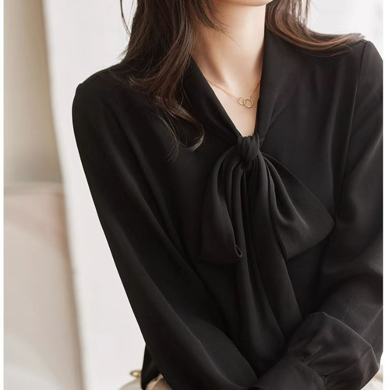 Francia stílusú chiffon hosszú ujjú blúz nőknek masnis kötővel, elegáns irodai felső V-nyakkal