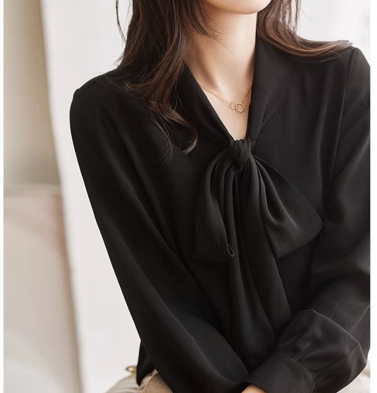 Francia stílusú chiffon hosszú ujjú blúz nőknek masnis kötővel, elegáns irodai felső V-nyakkal