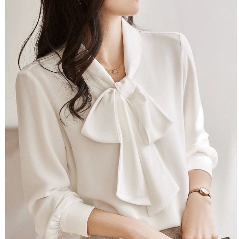 Francia stílusú chiffon hosszú ujjú blúz nőknek masnis kötővel, elegáns irodai felső V-nyakkal