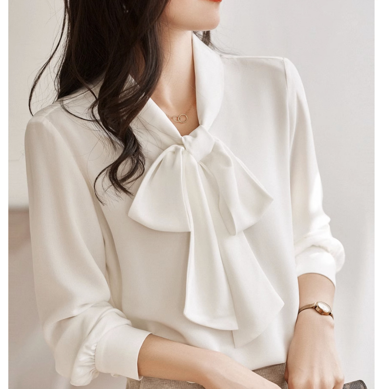 Francia stílusú chiffon hosszú ujjú blúz nőknek masnis kötővel, elegáns irodai felső V-nyakkal