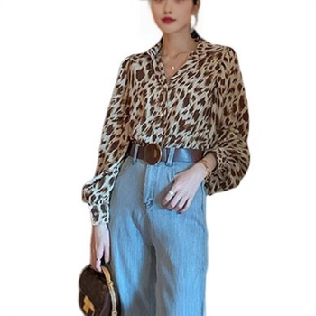 Női chiffon felső leopárd mintával, lámpás ujjú, polo gallér, lazább szabás