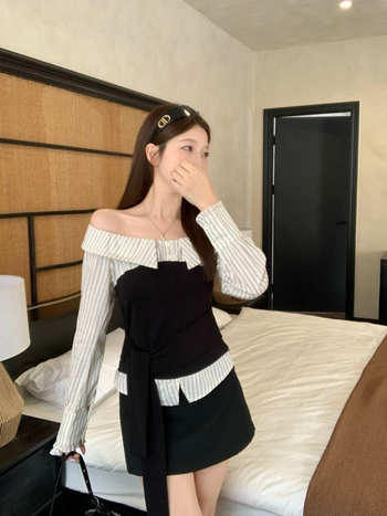 2025-ös új női ing, csíkos patchwork, off-shoulder kivágás, hosszú ujjú, karcsúsított fazon, kötővel