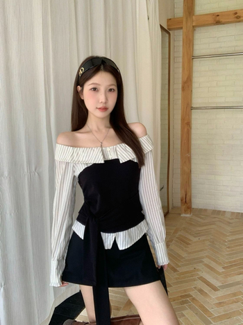 2025-ös új női ing, csíkos patchwork, off-shoulder kivágás, hosszú ujjú, karcsúsított fazon, kötővel