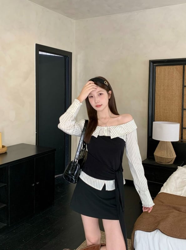 2025-ös új női ing, csíkos patchwork, off-shoulder kivágás, hosszú ujjú, karcsúsított fazon, kötővel