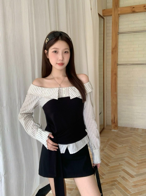2025-ös új női ing, csíkos patchwork, off-shoulder kivágás, hosszú ujjú, karcsúsított fazon, kötővel