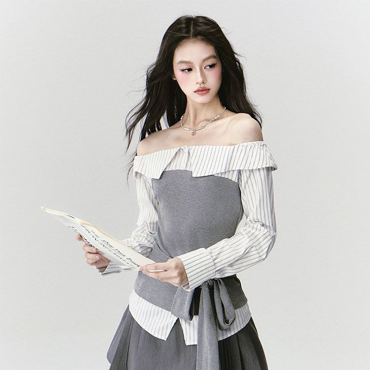 2025-ös új női ing, csíkos patchwork, off-shoulder kivágás, hosszú ujjú, karcsúsított fazon, kötővel