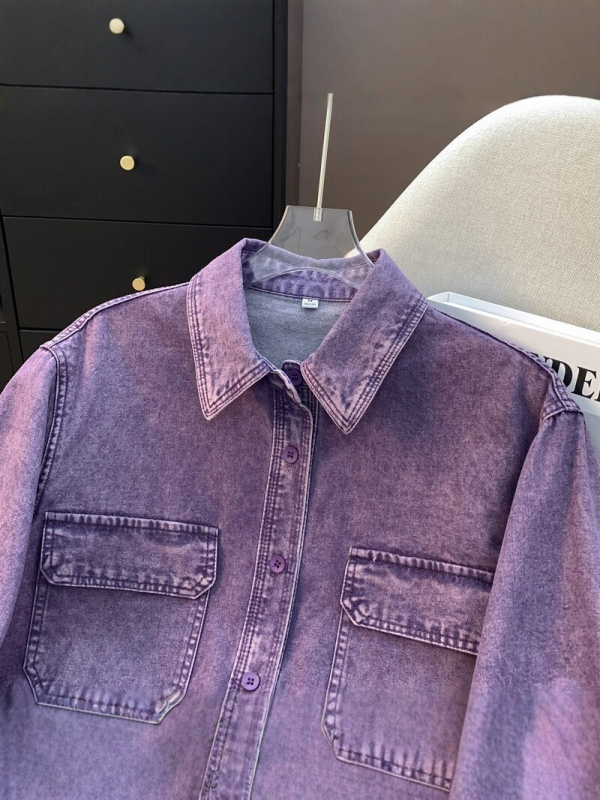 Női lila denim ing – bő szabás, kimosott pamut, kardigán-stílusú felső tavaszra és őszre