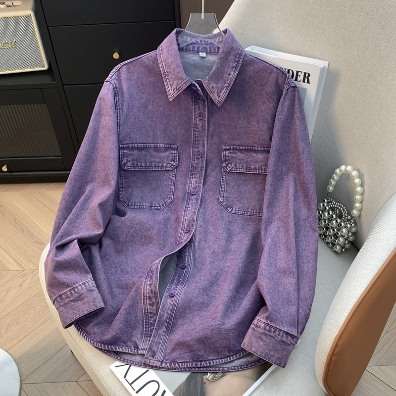 Női lila denim ing – bő szabás, kimosott pamut, kardigán-stílusú felső tavaszra és őszre
