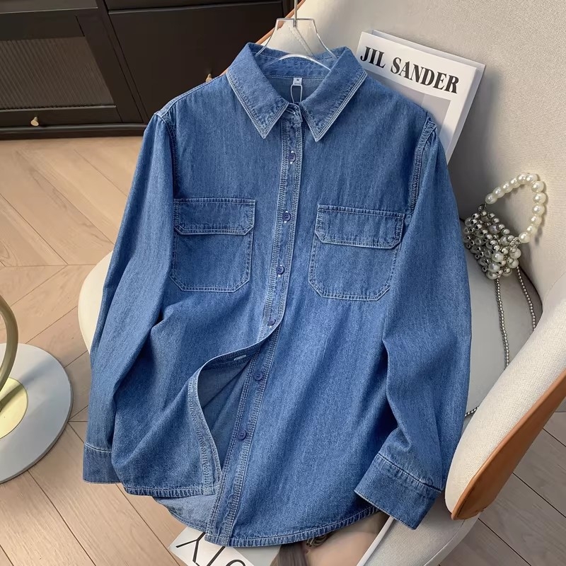 Női lila denim ing – bő szabás, kimosott pamut, kardigán-stílusú felső tavaszra és őszre