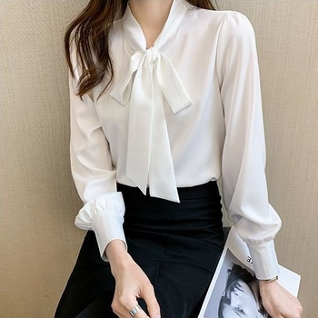 Női chiffon blúz masni kötővel, hosszú ujjú, laza szabású, elegáns egyszínű felső