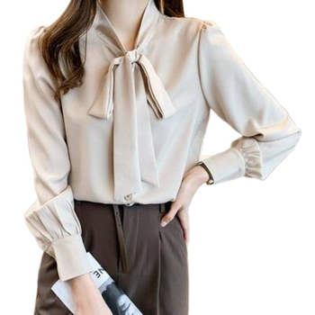 Női chiffon blúz masni kötővel, hosszú ujjú, laza szabású, elegáns egyszínű felső