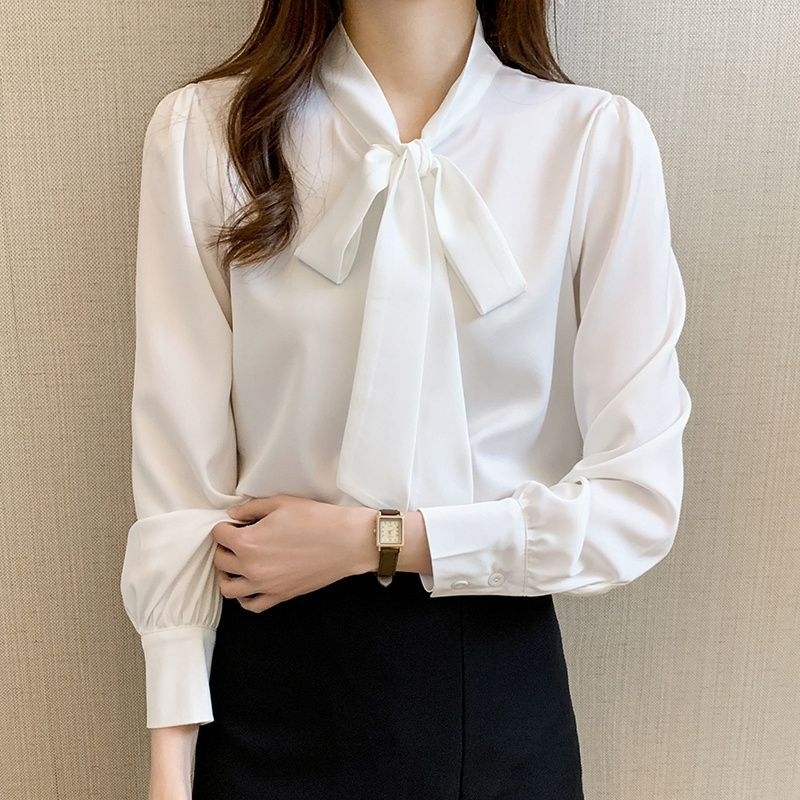 Női chiffon blúz masni kötővel, hosszú ujjú, laza szabású, elegáns egyszínű felső