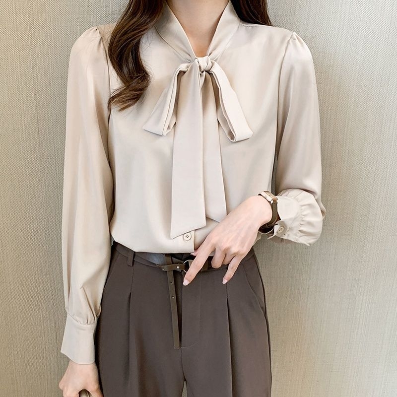 Női chiffon blúz masni kötővel, hosszú ujjú, laza szabású, elegáns egyszínű felső
