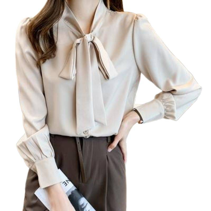 Női chiffon blúz masni kötővel, hosszú ujjú, laza szabású, elegáns egyszínű felső