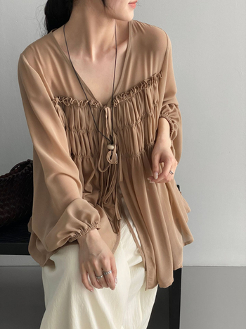 Romantikus chiffon blúz kötős nyakkal, V-nyakkal, nőknek, lágy és enyhén átlátszó top 6236