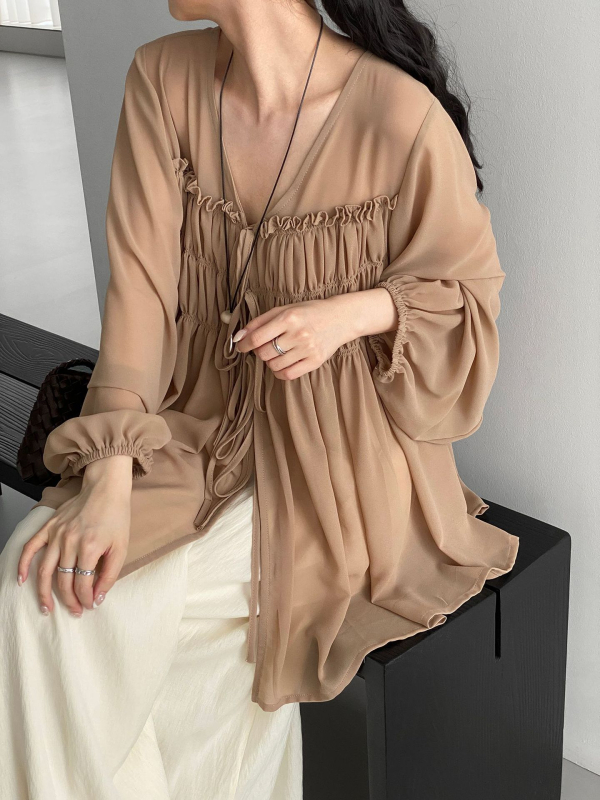 Romantikus chiffon blúz kötős nyakkal, V-nyakkal, nőknek, lágy és enyhén átlátszó top 6236