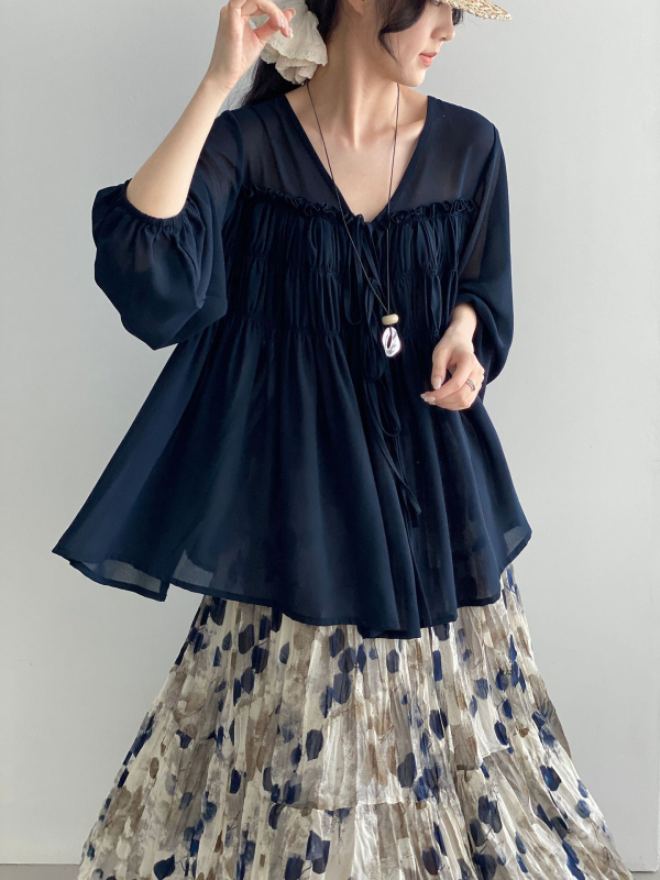 Romantikus chiffon blúz kötős nyakkal, V-nyakkal, nőknek, lágy és enyhén átlátszó top 6236